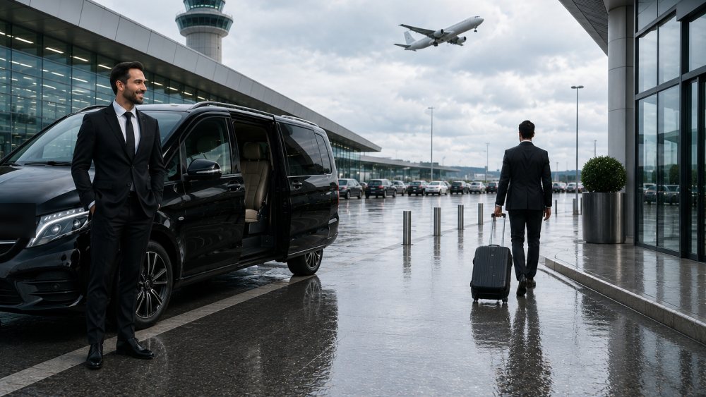 Chauffeur partenaire Aéronavette en costume à côté de son van devant le terminal